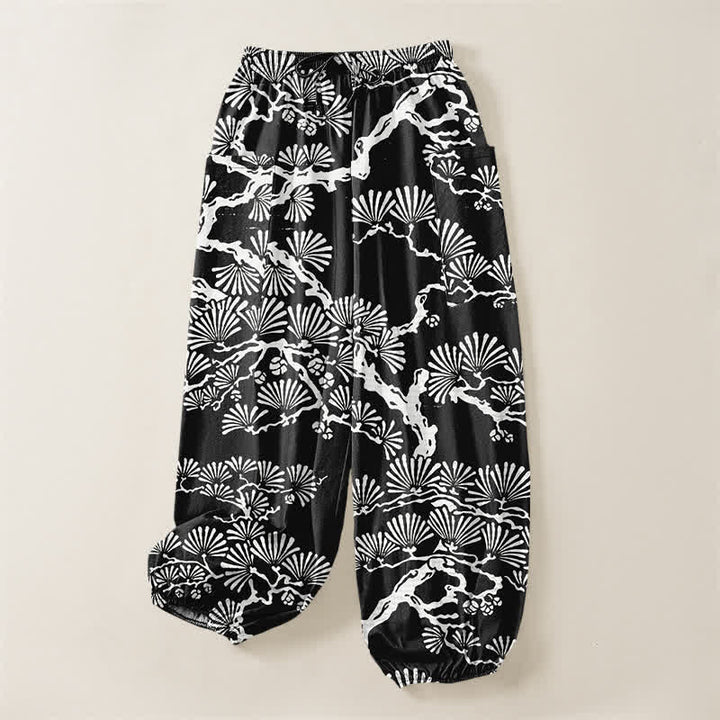 Buddha Stones Pantaloni harem da donna in cotone con motivo floreale orientale e vita elasticizzata, con tasche laterali. - image 3