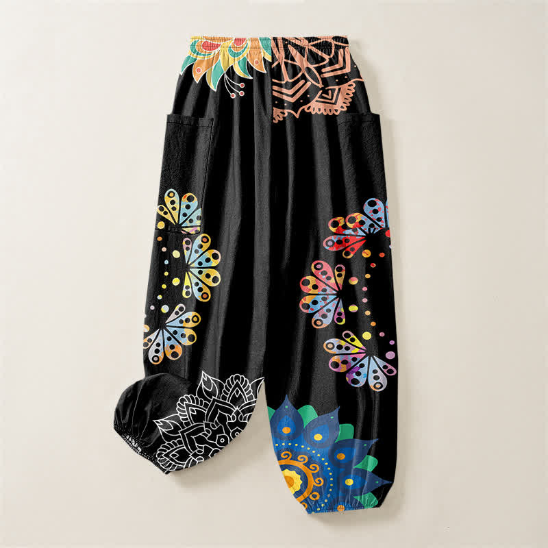 Buddha Stones Pantaloni harem da donna in cotone con elastico in vita e motivo mandala loto OM, con tasche laterali. - image 4