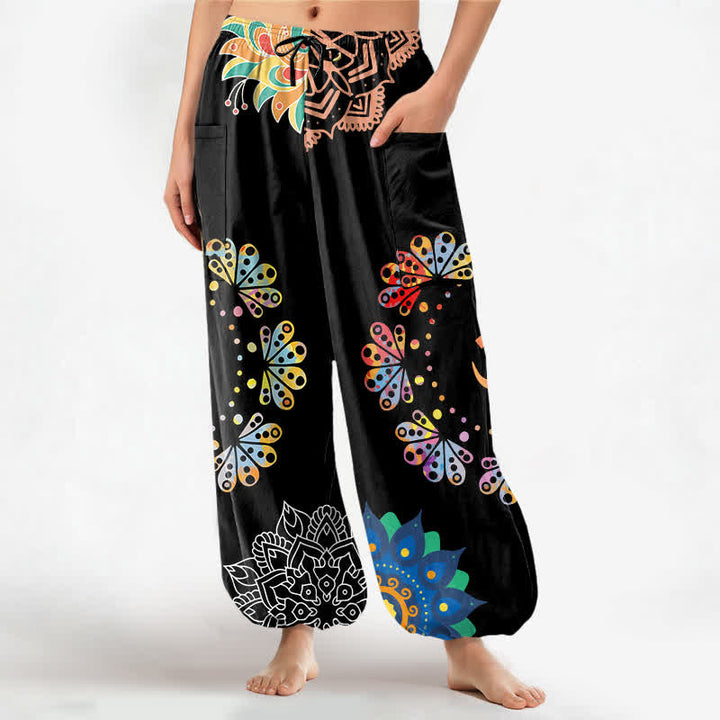Buddha Stones Pantaloni harem da donna in cotone con elastico in vita e motivo mandala loto OM, con tasche laterali. - Nero - US16, UK/AU20, EU48 (3XL) - image 0