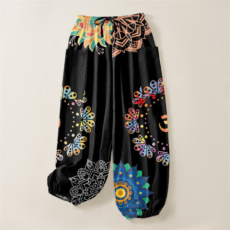 Buddha Stones Pantaloni harem da donna in cotone con elastico in vita e motivo mandala loto OM, con tasche laterali. - image 3