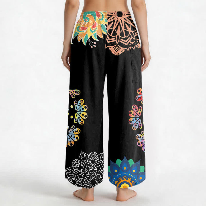 Buddha Stones Pantaloni harem da donna in cotone con elastico in vita e motivo mandala loto OM, con tasche laterali. - image 2