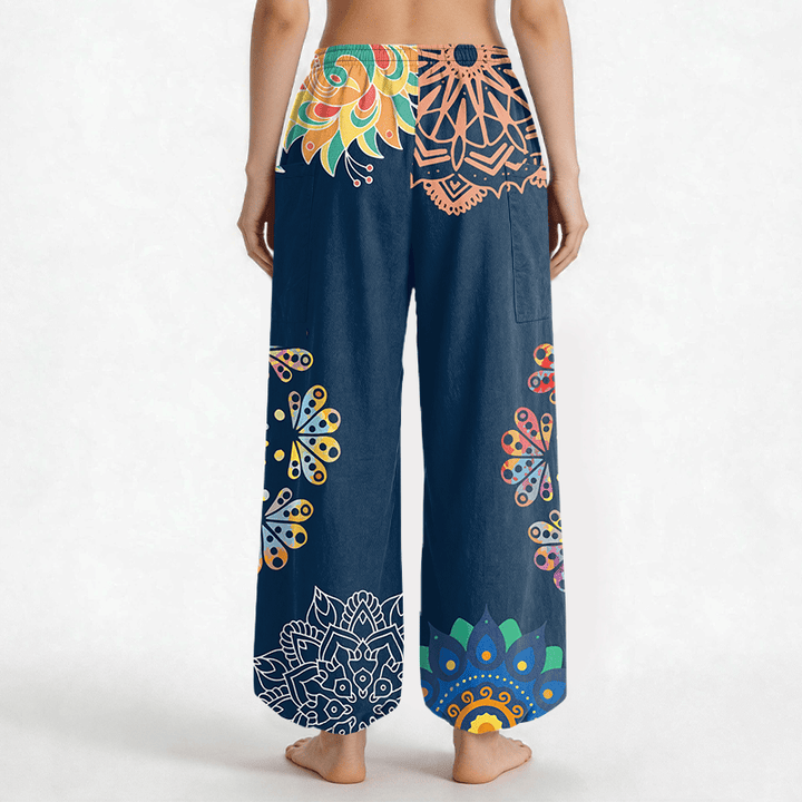 Buddha Stones Pantaloni harem da donna in cotone con elastico in vita e motivo mandala loto OM, con tasche laterali. - image 9