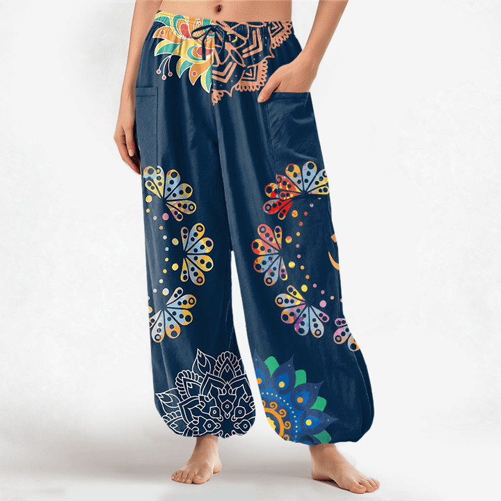 Buddha Stones Pantaloni harem da donna in cotone con elastico in vita e motivo mandala loto OM, con tasche laterali. - Marina - US16, UK/AU20, EU48 (3XL) - image 7