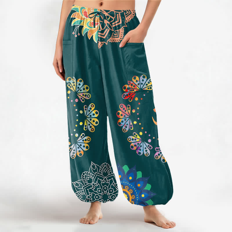 Buddha Stones Pantaloni harem da donna in cotone con elastico in vita e motivo mandala loto OM, con tasche laterali. - Verde acqua - US16, UK/AU20, EU48 (3XL) - image 10