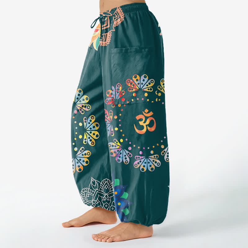 Buddha Stones Pantaloni harem da donna in cotone con elastico in vita e motivo mandala loto OM, con tasche laterali. - image 11