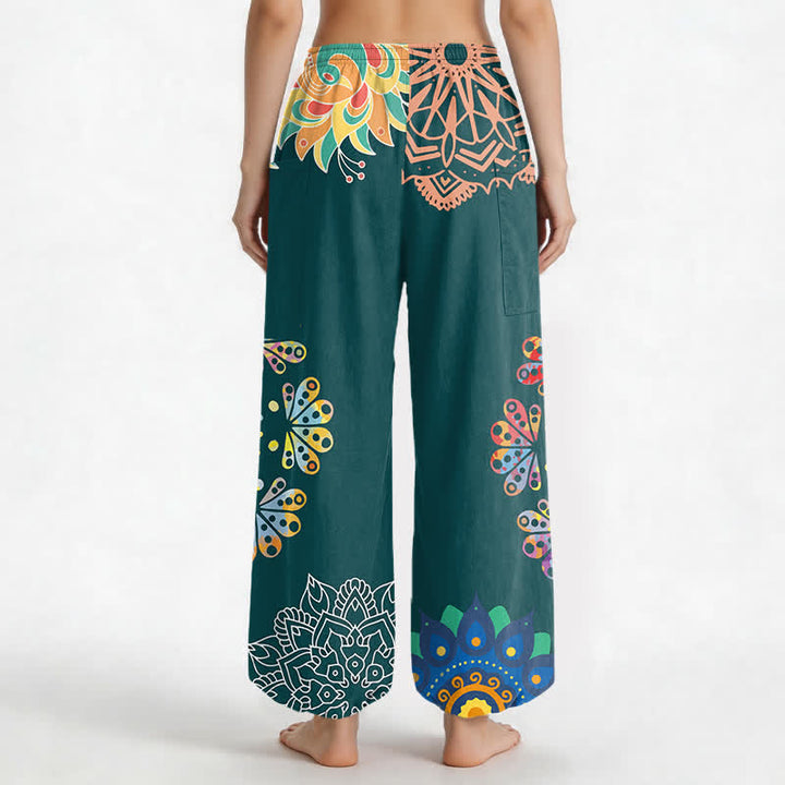 Buddha Stones Pantaloni harem da donna in cotone con elastico in vita e motivo mandala loto OM, con tasche laterali. - image 12