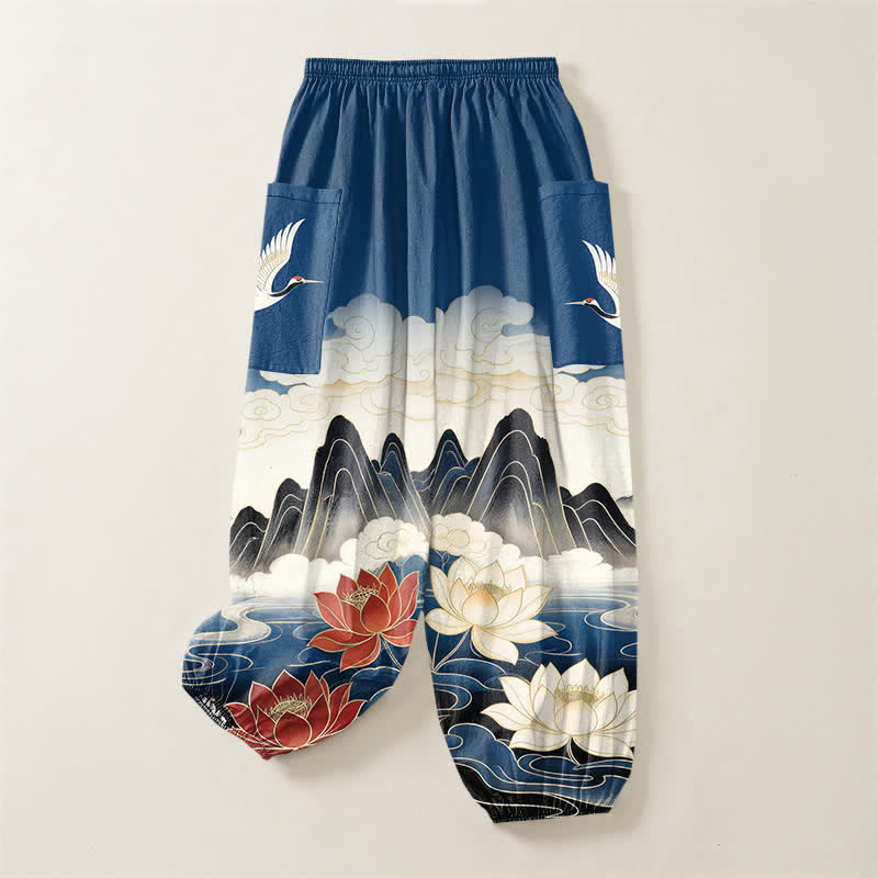 Buddha Stones Pantaloni harem da donna in cotone con elastico in vita e motivo paesaggio orientale con gru di loto, con tasche laterali. - image 4