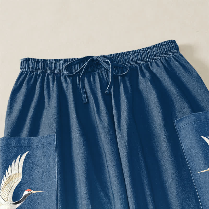 Buddha Stones Pantaloni harem da donna in cotone con elastico in vita e motivo paesaggio orientale con gru di loto, con tasche laterali. - image 5