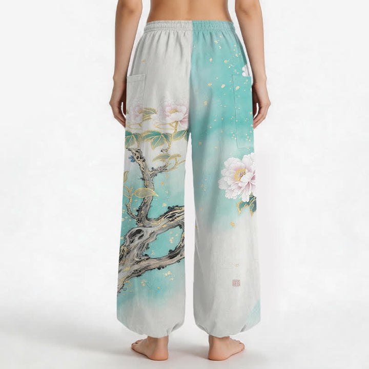Buddha Stones Pantaloni harem da donna in cotone con elastico in vita e motivo a peonie e uccelli, con tasche laterali. - image 2