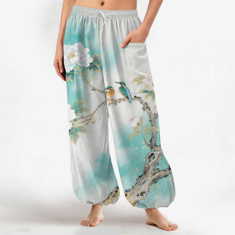 Buddha Stones Pantaloni harem da donna in cotone con elastico in vita e motivo a peonie e uccelli, con tasche laterali. - Turchese - US16, UK/AU20, EU48 (3XL) - image 0