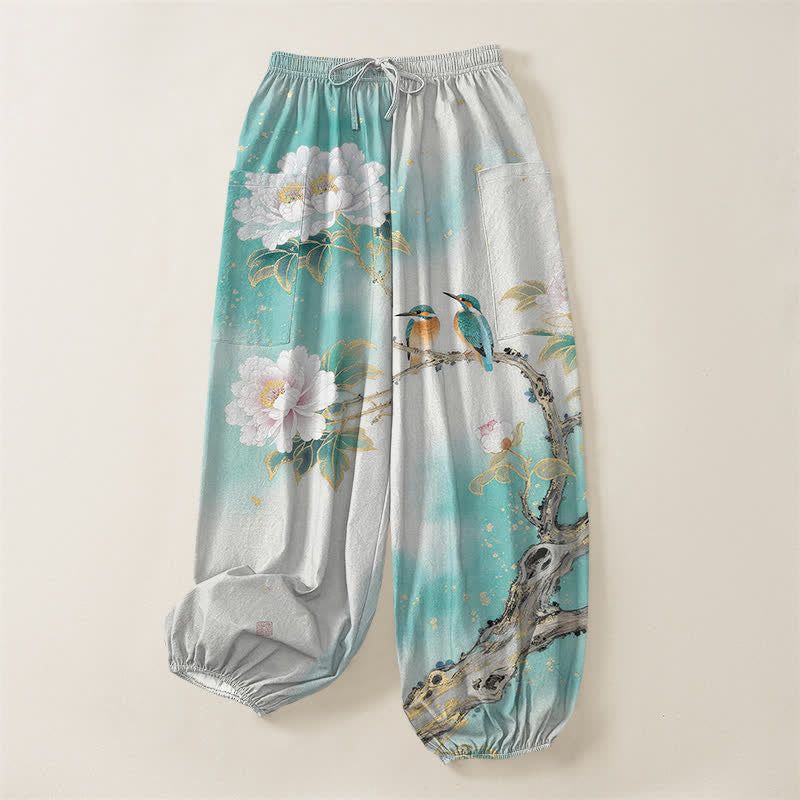 Buddha Stones Pantaloni harem da donna in cotone con elastico in vita e motivo a peonie e uccelli, con tasche laterali. - image 3