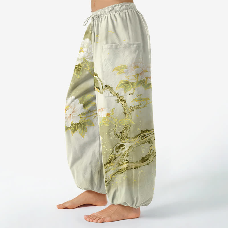 Buddha Stones Pantaloni harem da donna in cotone con elastico in vita e motivo a peonie e uccelli, con tasche laterali. - image 8