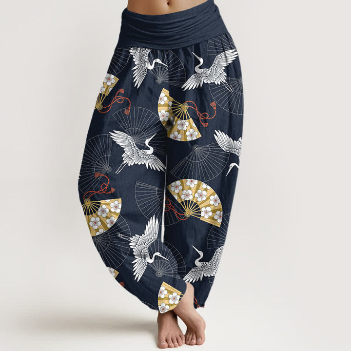 Buddha Stones Pantaloni harem da donna in cotone con motivo a ventaglio di gru orientale e elastico in vita. - Blu notte - US16, UK/AU20, EU48 (3XL) - image 5