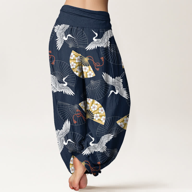 Buddha Stones Pantaloni harem da donna in cotone con motivo a ventaglio di gru orientale e elastico in vita. - image 7