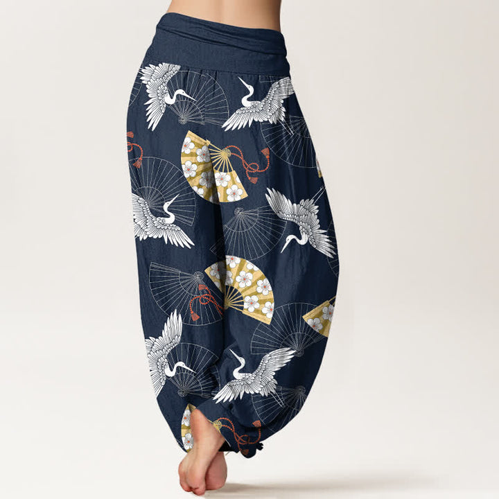 Buddha Stones Pantaloni harem da donna in cotone con motivo a ventaglio di gru orientale e elastico in vita. - image 7