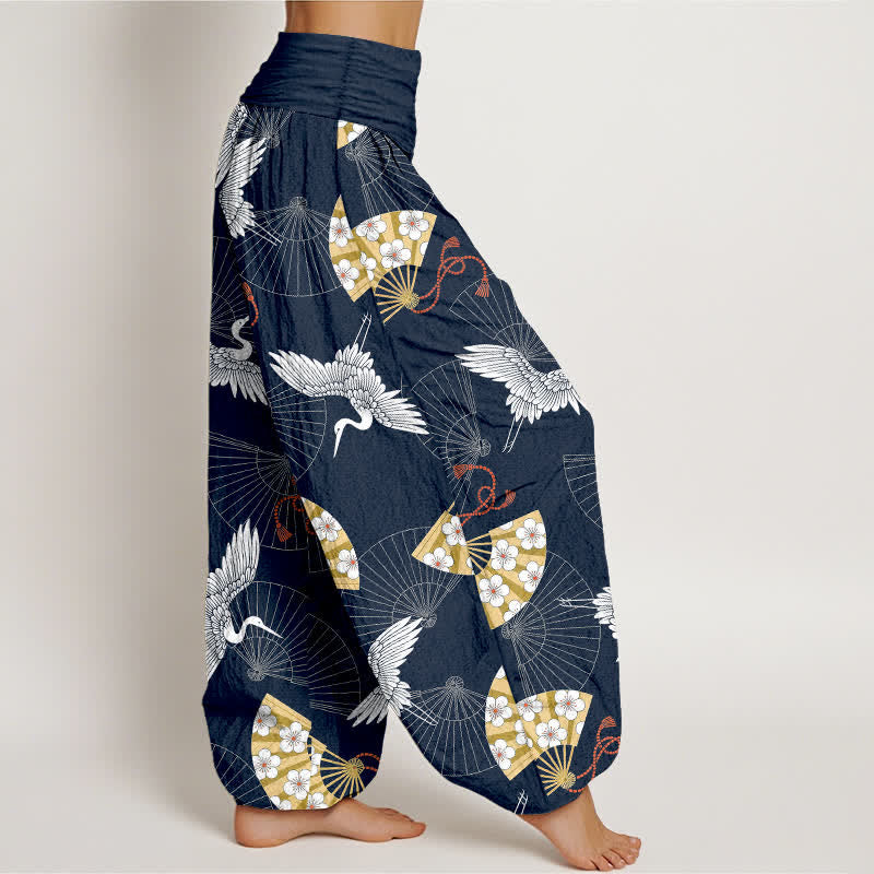 Buddha Stones Pantaloni harem da donna in cotone con motivo a ventaglio di gru orientale e elastico in vita. - image 6