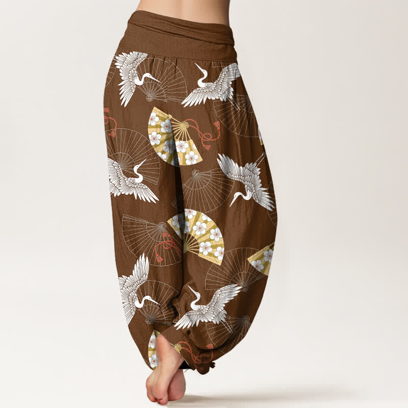 Buddha Stones Pantaloni harem da donna in cotone con motivo a ventaglio di gru orientale e elastico in vita. - image 10
