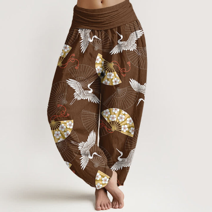 Buddha Stones Pantaloni harem da donna in cotone con motivo a ventaglio di gru orientale e elastico in vita. - Marrone sella - US16, UK/AU20, EU48 (3XL) - image 8