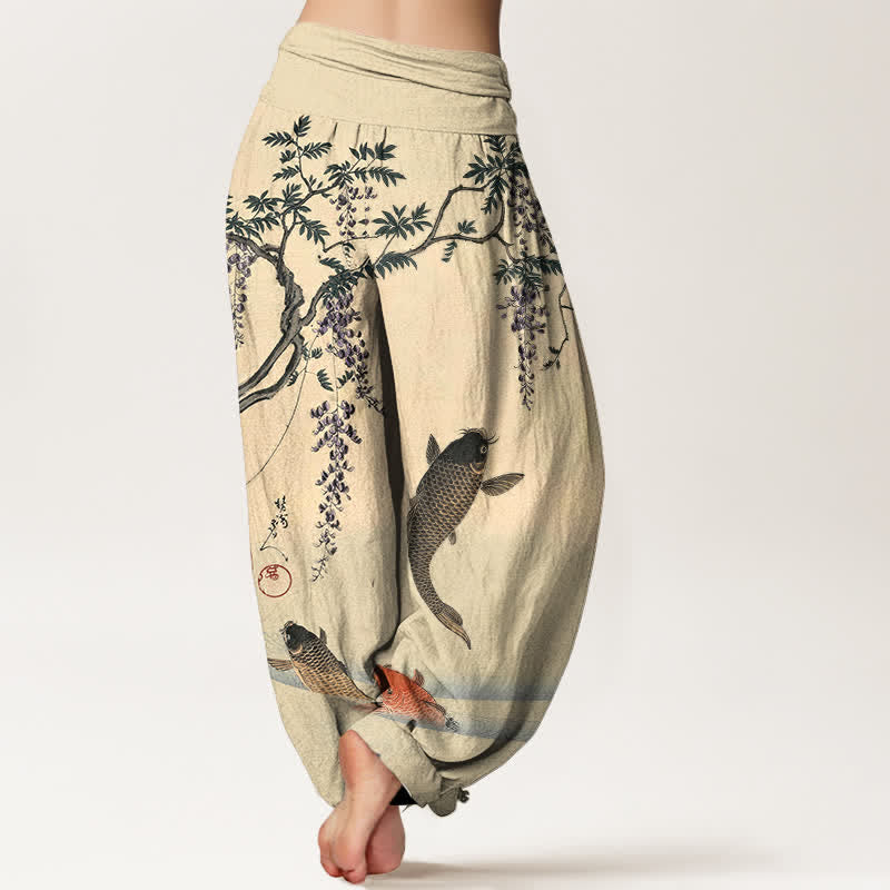 Buddha Stones Pantaloni harem da donna in cotone con motivo a carpe koi e glicine, con elastico in vita. - image 2