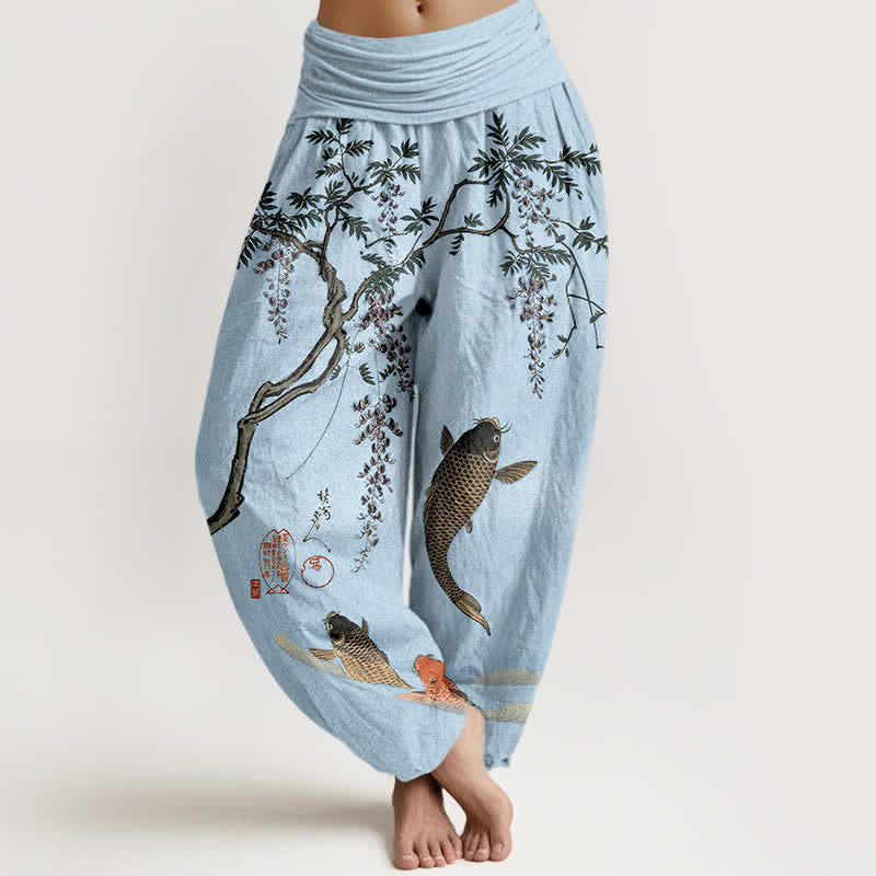 Buddha Stones Pantaloni harem da donna in cotone con motivo a carpe koi e glicine, con elastico in vita. - Azzurro cielo chiaro - US16, UK/AU20, EU48 (3XL) - image 5
