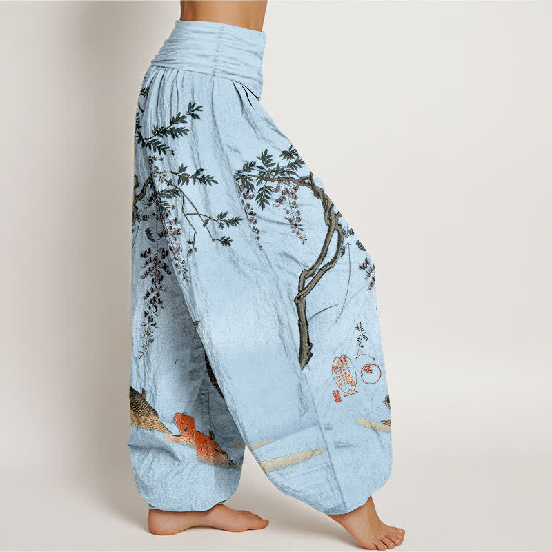 Buddha Stones Pantaloni harem da donna in cotone con motivo a carpe koi e glicine, con elastico in vita. - image 6