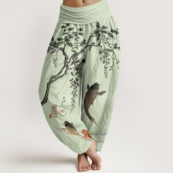 Buddha Stones Pantaloni harem da donna in cotone con motivo a carpe koi e glicine, con elastico in vita. - Verde pallido - US16, UK/AU20, EU48 (3XL) - image 8