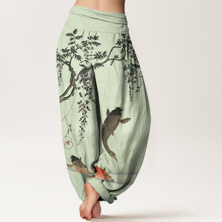 Buddha Stones Pantaloni harem da donna in cotone con motivo a carpe koi e glicine, con elastico in vita. - image 10