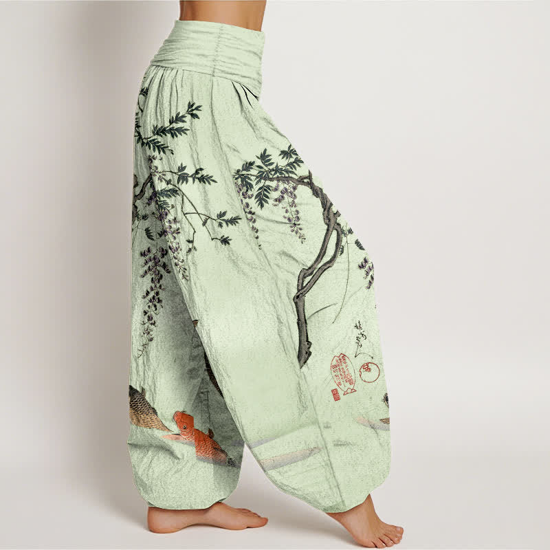 Buddha Stones Pantaloni harem da donna in cotone con motivo a carpe koi e glicine, con elastico in vita. - image 9