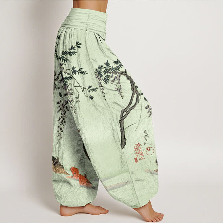 Buddha Stones Pantaloni harem da donna in cotone con motivo a carpe koi e glicine, con elastico in vita. - image 9