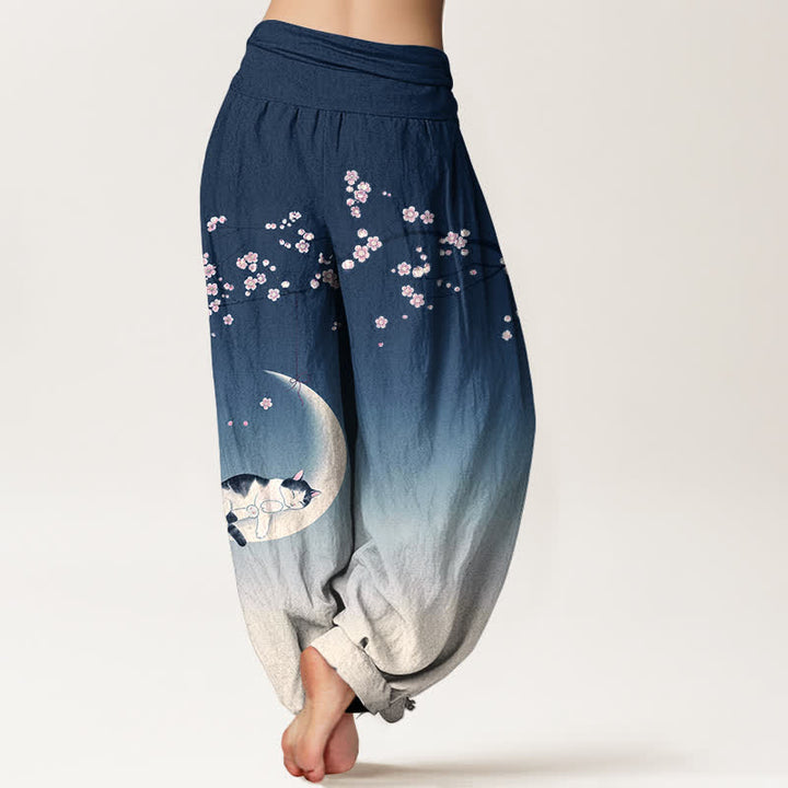 Buddha Stones Pantaloni harem da donna in cotone con motivo gatti e luna di ciliegio, con elastico in vita. - image 2