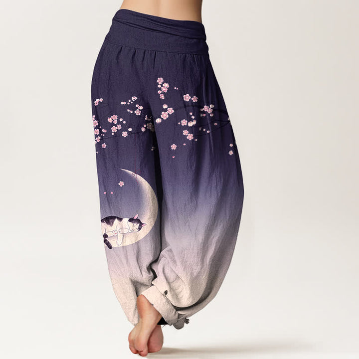 Buddha Stones Pantaloni harem da donna in cotone con motivo gatti e luna di ciliegio, con elastico in vita. - image 7