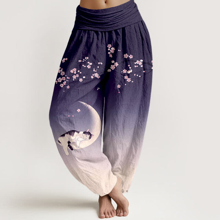 Buddha Stones Pantaloni harem da donna in cotone con motivo gatti e luna di ciliegio, con elastico in vita. - Indaco - US16, UK/AU20, EU48 (3XL) - image 5