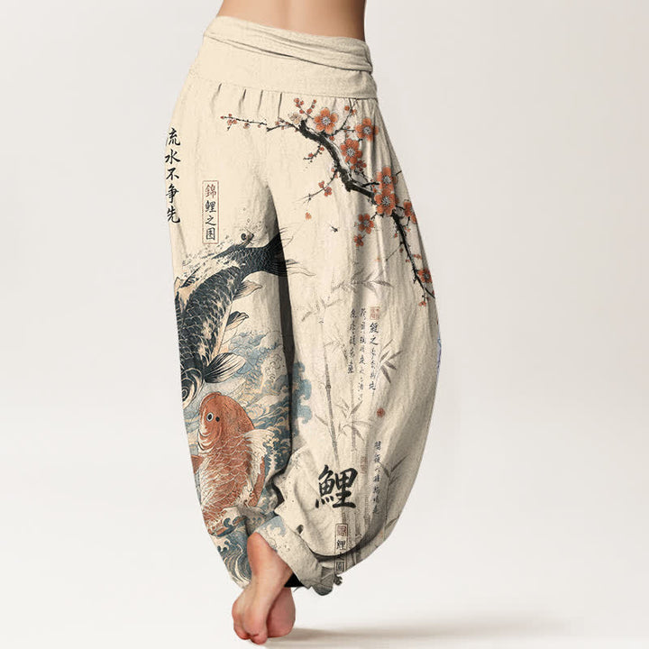 Buddha Stones Pantaloni harem da donna in cotone con elastico in vita e motivo calligrafico di carpe koi. - image 2