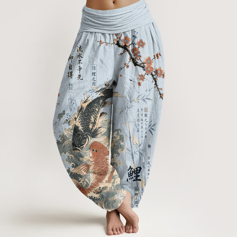 Buddha Stones Pantaloni harem da donna in cotone con elastico in vita e motivo calligrafico di carpe koi. - Azzurro cielo chiaro - US16, UK/AU20, EU48 (3XL) - image 5