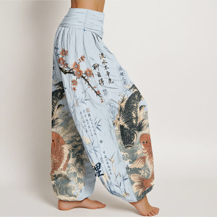 Buddha Stones Pantaloni harem da donna in cotone con elastico in vita e motivo calligrafico di carpe koi. - image 6