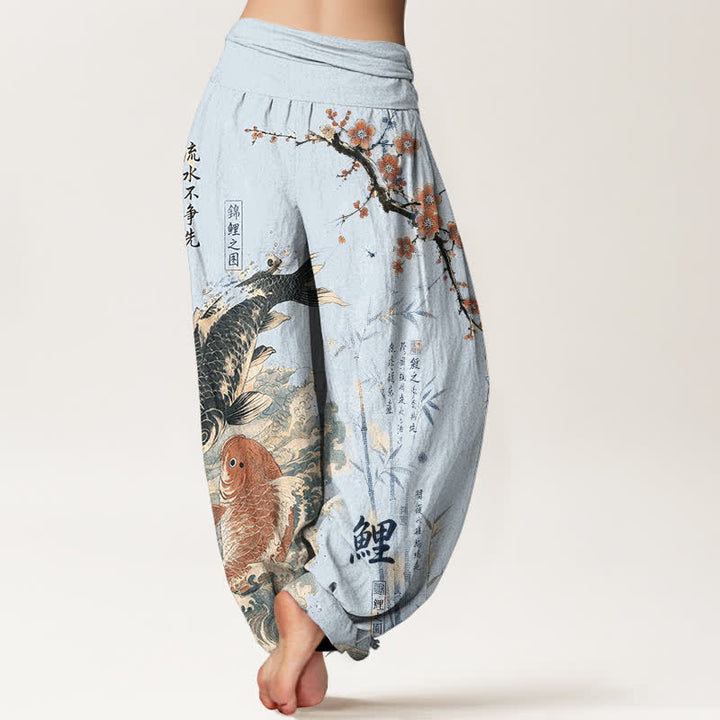 Buddha Stones Pantaloni harem da donna in cotone con elastico in vita e motivo calligrafico di carpe koi. - image 7