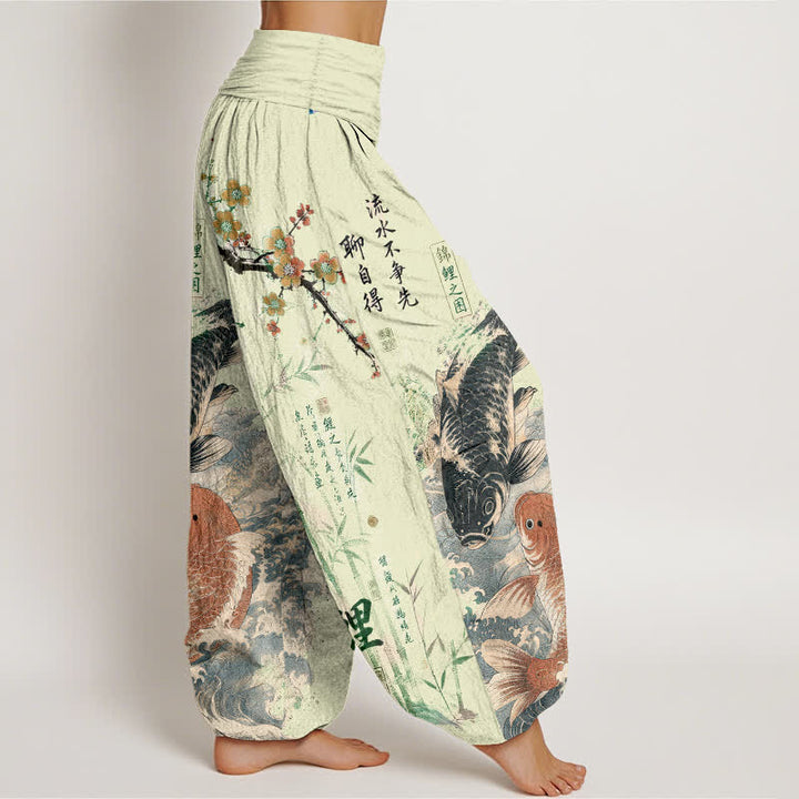 Buddha Stones Pantaloni harem da donna in cotone con elastico in vita e motivo calligrafico di carpe koi. - image 9