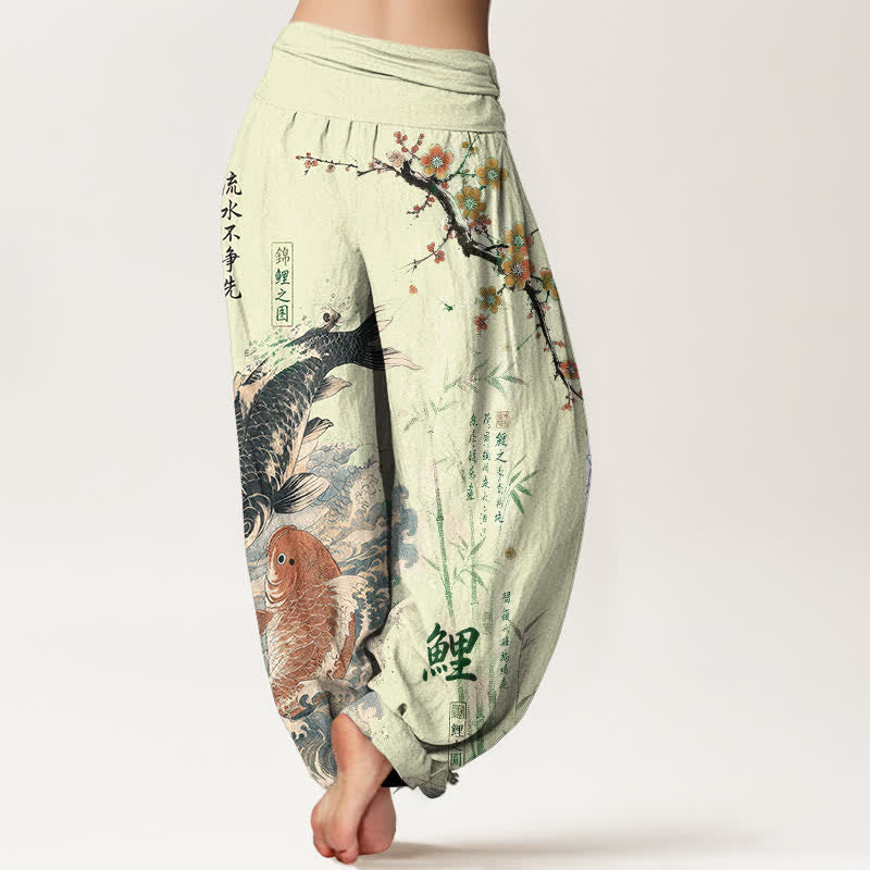 Buddha Stones Pantaloni harem da donna in cotone con elastico in vita e motivo calligrafico di carpe koi. - image 10