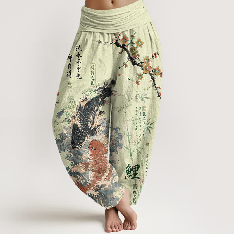 Buddha Stones Pantaloni harem da donna in cotone con elastico in vita e motivo calligrafico di carpe koi. - Melata - US16, UK/AU20, EU48 (3XL) - image 8