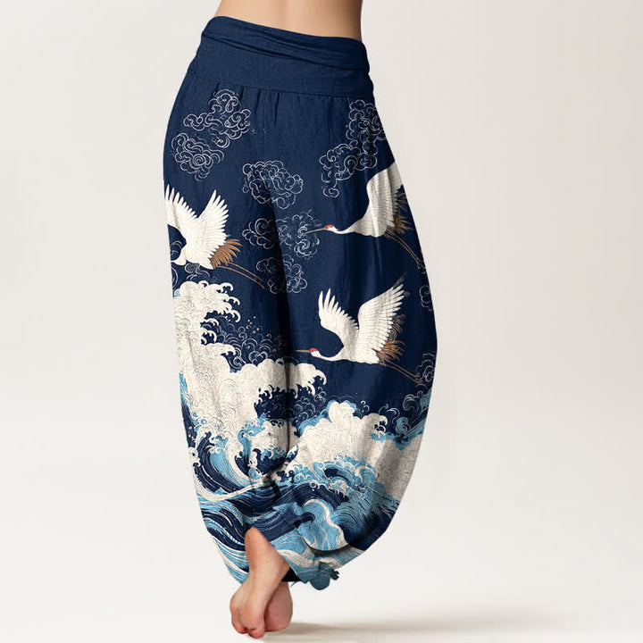 Buddha Stones Pantaloni harem da donna in cotone con motivo a nuvole e gru, vita elasticizzata. - image 2