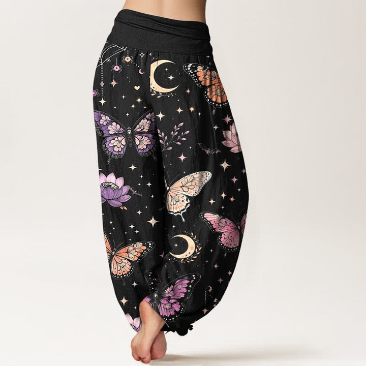 Buddha Stones Pantaloni harem da donna in cotone con motivo a farfalle, luna e loto, con elastico in vita. - image 2