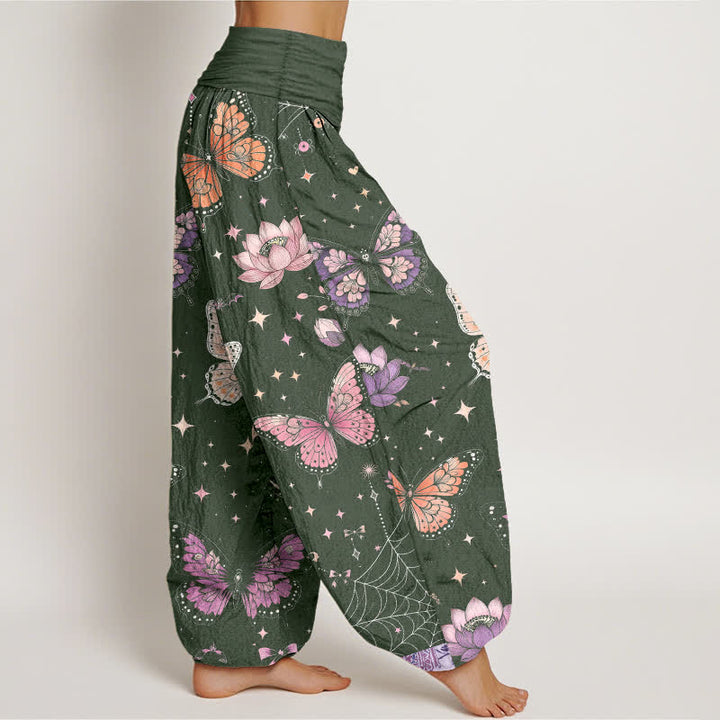 Buddha Stones Pantaloni harem da donna in cotone con motivo a farfalle, luna e loto, con elastico in vita. - image 6