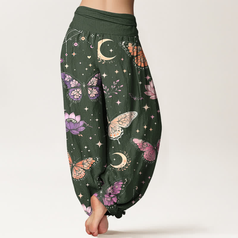 Buddha Stones Pantaloni harem da donna in cotone con motivo a farfalle, luna e loto, con elastico in vita. - image 7