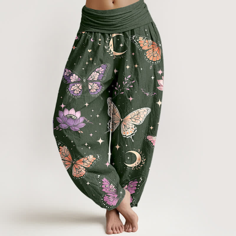 Buddha Stones Pantaloni harem da donna in cotone con motivo a farfalle, luna e loto, con elastico in vita. - Verde studentesco - US16, UK/AU20, EU48 (3XL) - image 5