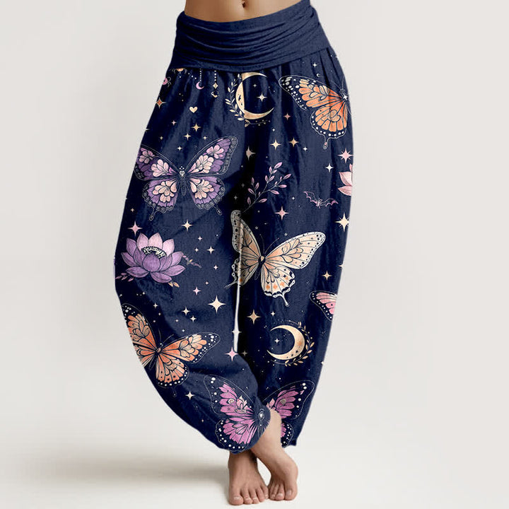 Buddha Stones Pantaloni harem da donna in cotone con motivo a farfalle, luna e loto, con elastico in vita. - Marina - US16, UK/AU20, EU48 (3XL) - image 8