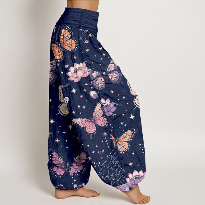 Buddha Stones Pantaloni harem da donna in cotone con motivo a farfalle, luna e loto, con elastico in vita. - image 9