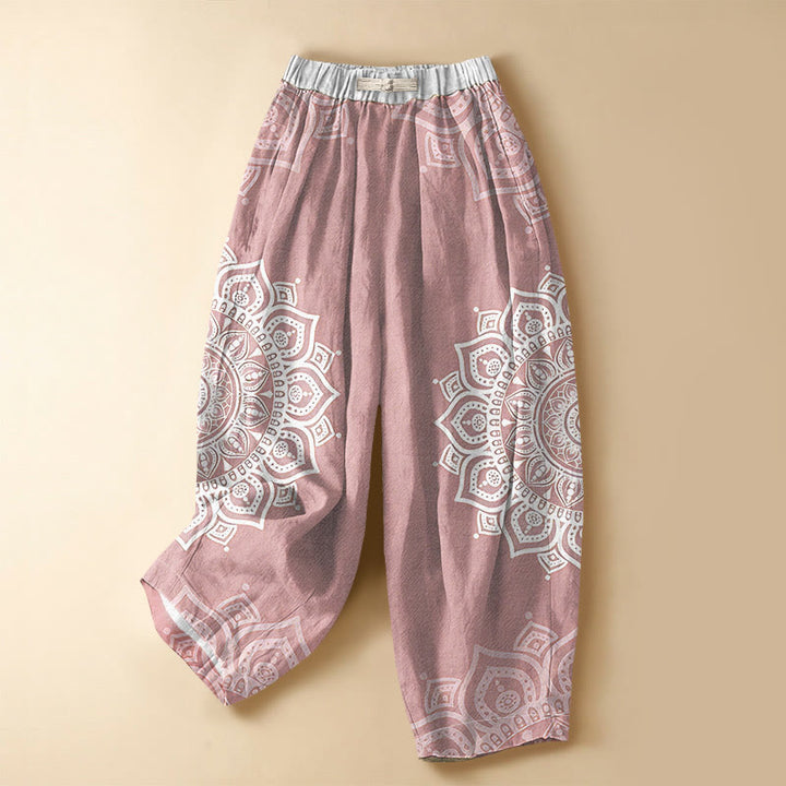Buddha Stones Pantaloni harem da donna in puro cotone, stile bohémien, con motivo mandala, bottoni a rana, vita elasticizzata e tasche. - Rosa chiaro - US16, UK/AU20, EU48 (3XL) - image 5