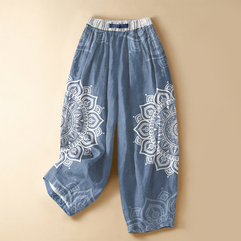 Buddha Stones Pantaloni harem da donna in puro cotone, stile bohémien, con motivo mandala, bottoni a rana, vita elasticizzata e tasche. - SteelBlue - US16, UK/AU20, EU48 (3XL) - image 7