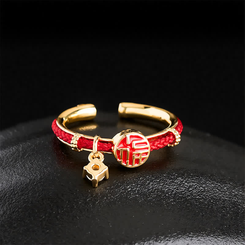 Buddha Stones Anello aperto rotondo con stringa rossa e personaggio Fu Fortuna - image 2