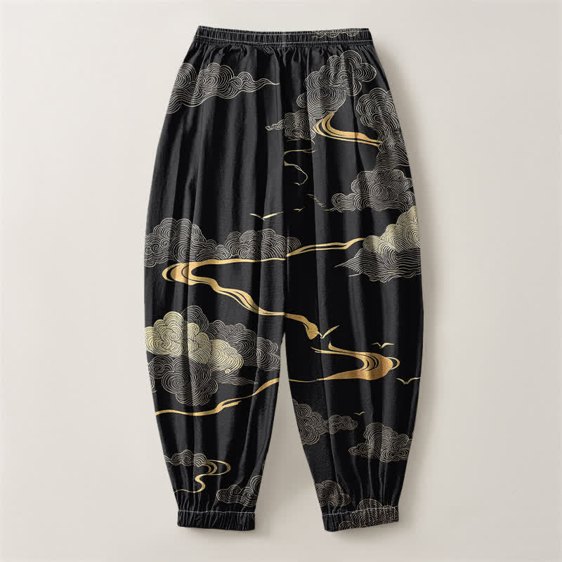 Buddha Stones Pantaloni harem da uomo in puro cotone con motivo nuvole dorate e coulisse, con tasche. - image 2